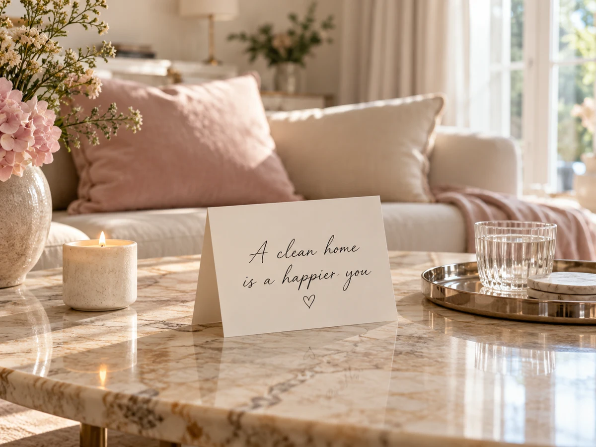 A handwritten card beside flowers in a bright, welcoming home