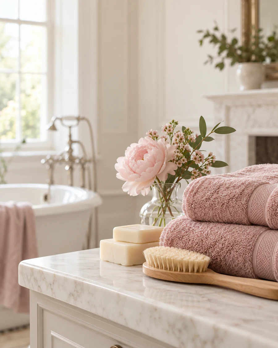 Soft pink towels, natural soap and a bathroom brush